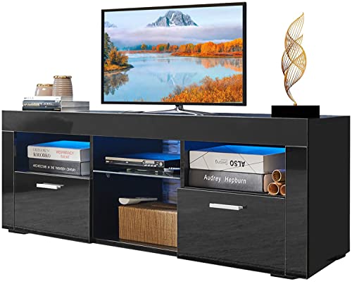 TV Stand for 55+ 60 inch Tvs - Morden TV Stand with LED Lights, High Glossy Entertainment Center with 2 Flip Cabinet, LED Media Console Table Cabinet Desk for Living Room