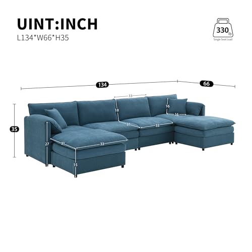 Merax Blue Modern U-Shaped Cloud Couch Set with Double Cushions, Chenille Modular 6-Seat Sectional Sofa Sleeper Bed with Ottomans, 13466