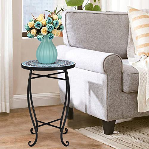 14 Inch Patio Round Side Table, Mosaic Indoor and Outdoor Accent Table,Entryway Coffee Table for Home,Garden (Blue)