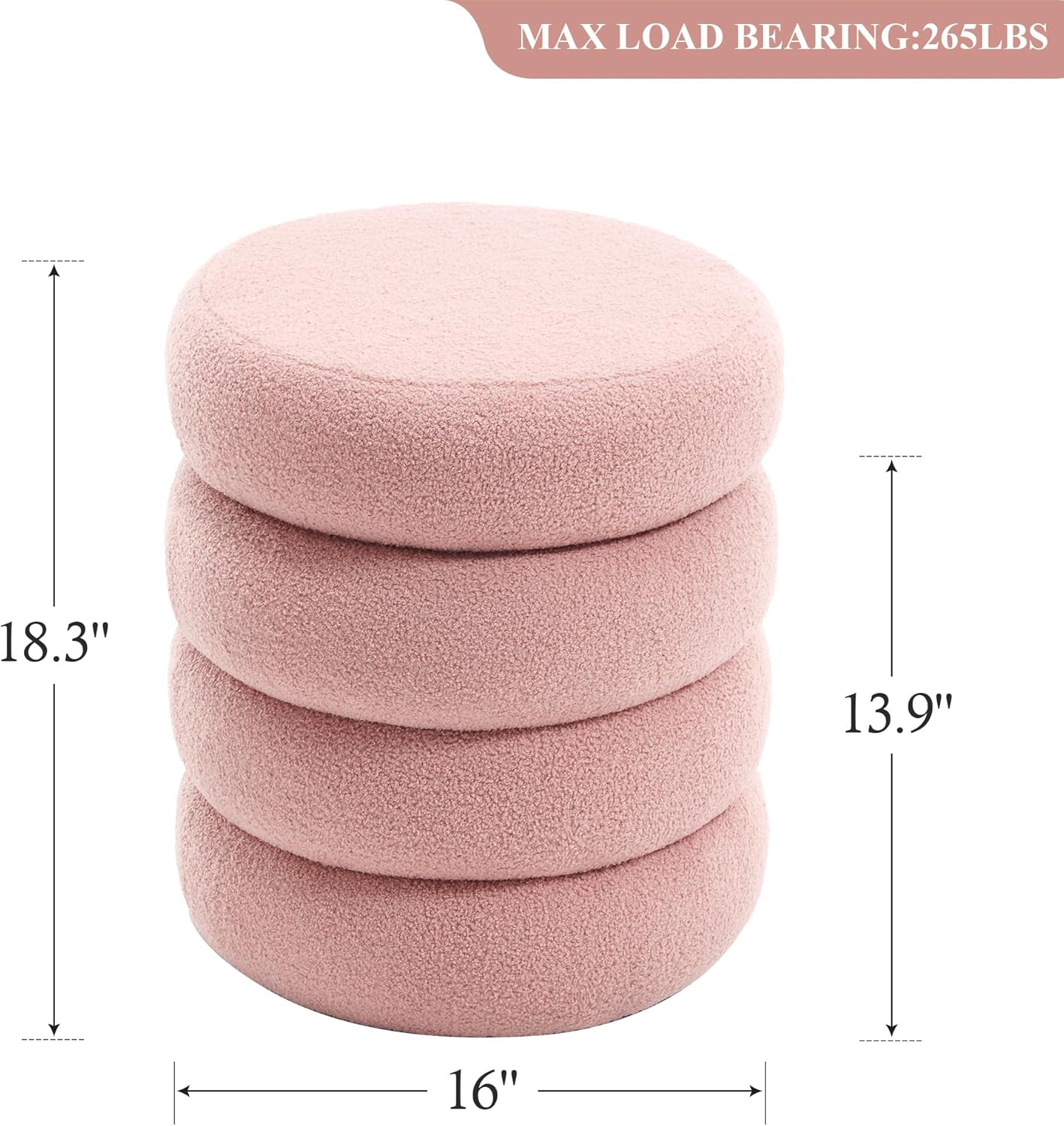 Modern Round Storage Ottoman Coffee Table Boucle Fabric, Small Sherpa Ottoman Footstool with Stripe Line, Pink Vanity Stool with Storage for Bedroom Living Room Dorm