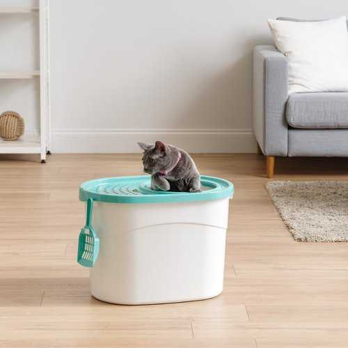 IRIS USA Large Round Top Entry Cat Litter Box & Scoop, White/Green - Pet Supplies online store