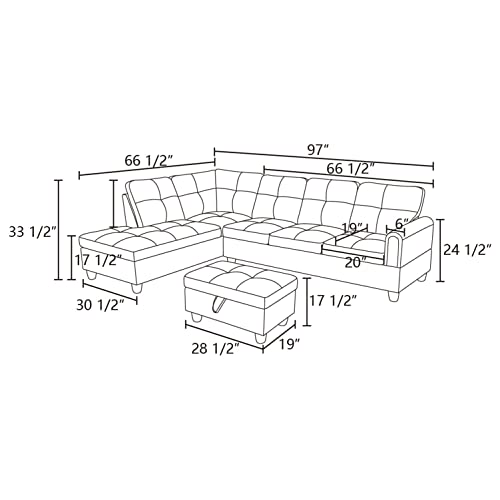 Faux Leather L Shaped Sofa Set, 3-Piece Sectional Couch with with Storage Ottoman Upholstered Corner Sofá for Linving Room Apartment,Home, Brown a