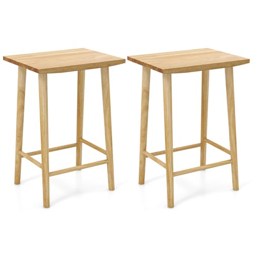 COSTWAY Set of 2 Bar Stools, 25.5” Counter Height Stool with Footrest & Solid Wood Frame, Breakfast Stool, Kitchen Island Stool for Dining Room & Cafe, Natural