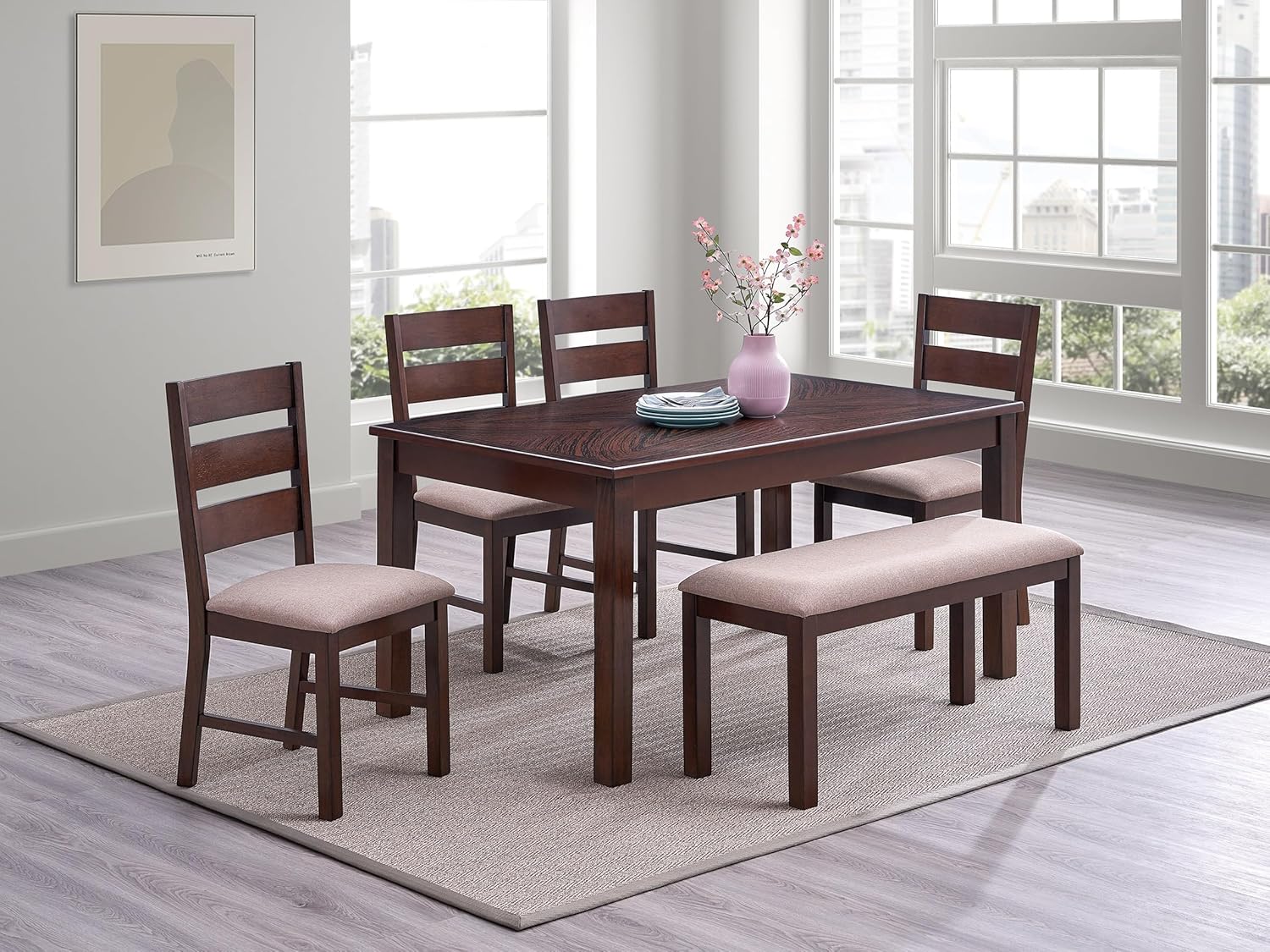 Contemporary Antique Cherry 6pc Dining Set Table and 4X Side Chairs 1x Bench Melamine Table Top Fabric Cushion Seats Chairs Solid wood Dining Room Furniture