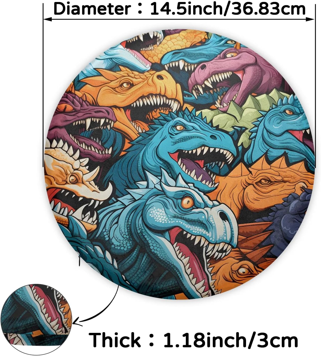 Round Chair Cushions for Dining Chairs, Colorful Dinosaurs Chair Pads for Kitchen Chairs, Non Skid Memory Foam Seat Cushions for Office Chair, Car Seat, Outdoor, Patio(14.5 Inches)