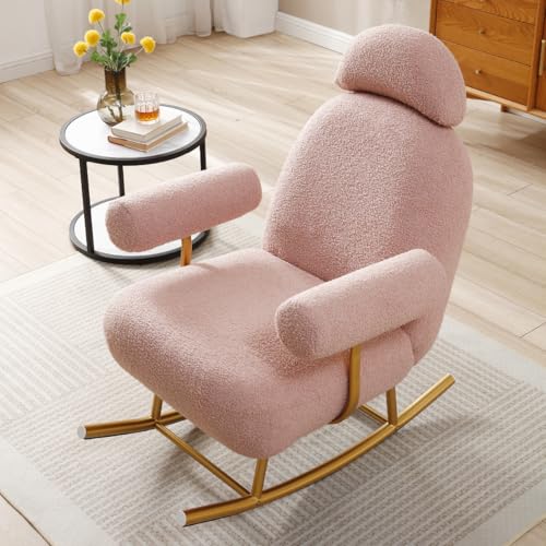 Pink Nursery Rocking Chair, Accent Upholstered Rocker Glider with Gold Metal Frame Adjustable Headrest,Comfy Modern Sherpa Fabric Armchair Chair for Bedroom Living Room