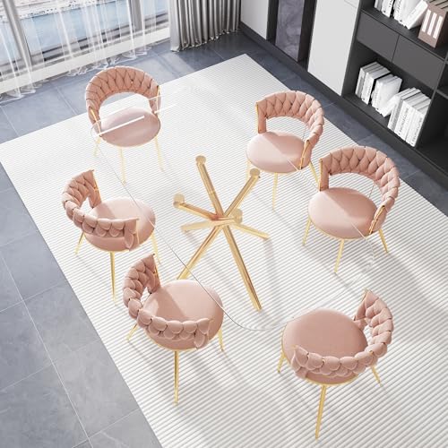 Glass Dining Room Table Set for 6, 71” Modern Rectangular Dinner Table Chair Set with 6 Velvet Upholstered Dining Chairs with Gold Metal Legs, Kitchen Table and Chairs Set for Small Space - Pink