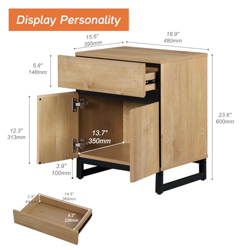 WAMPAT 2 Pack Nightstand with 1 Drawer & 1 Storage Cabinet, Modern Bedside Table with 2 Open Door for Bedroom, Wood Rustic Side End Table for Living Room, Oak