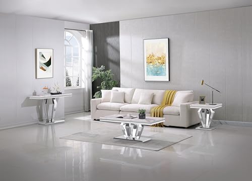 Luxury Marble Console Table Elegant White Faux Marble Sofa Table w/Silver Mirrored Stainless Steel Pedestal Modern 47