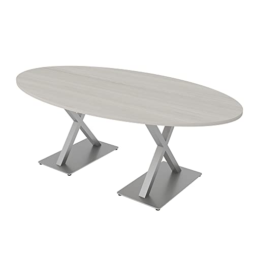 7 Ft Oval Shaped Conference Table with Power and Data Module | Harmony Series | 6 Person Conference Table X Shaped Base | Black Oak