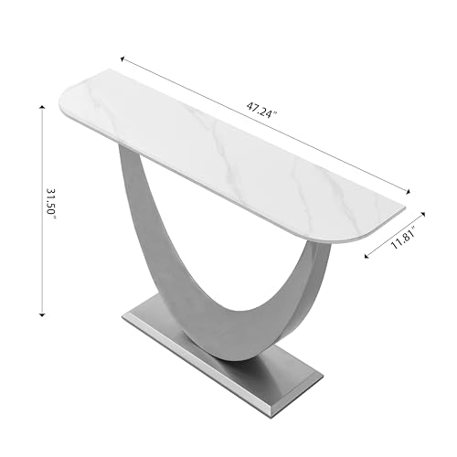Modern Console Table with Geometric Base, Faux Marble Foyer Hallway Table for Entryway, Living Room