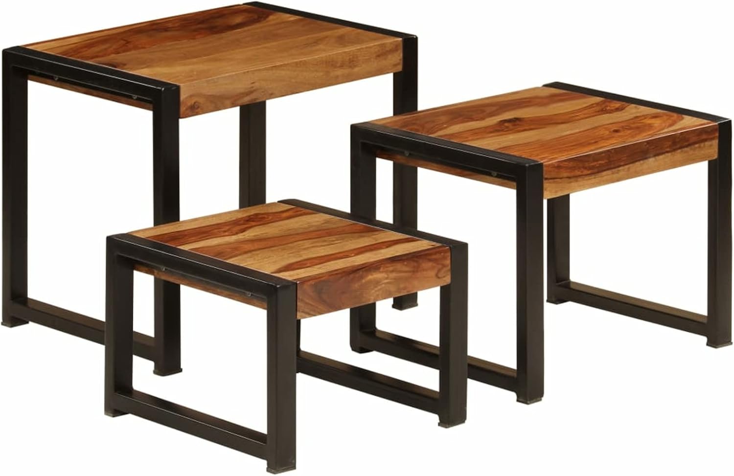 Tidyard 3 Piece Nesting Table Set Sheesham Wood Top Coffee Tables Sofa and Couch End Side Table Steel Legs for Living Room, Bedroom, Home Office Furniture