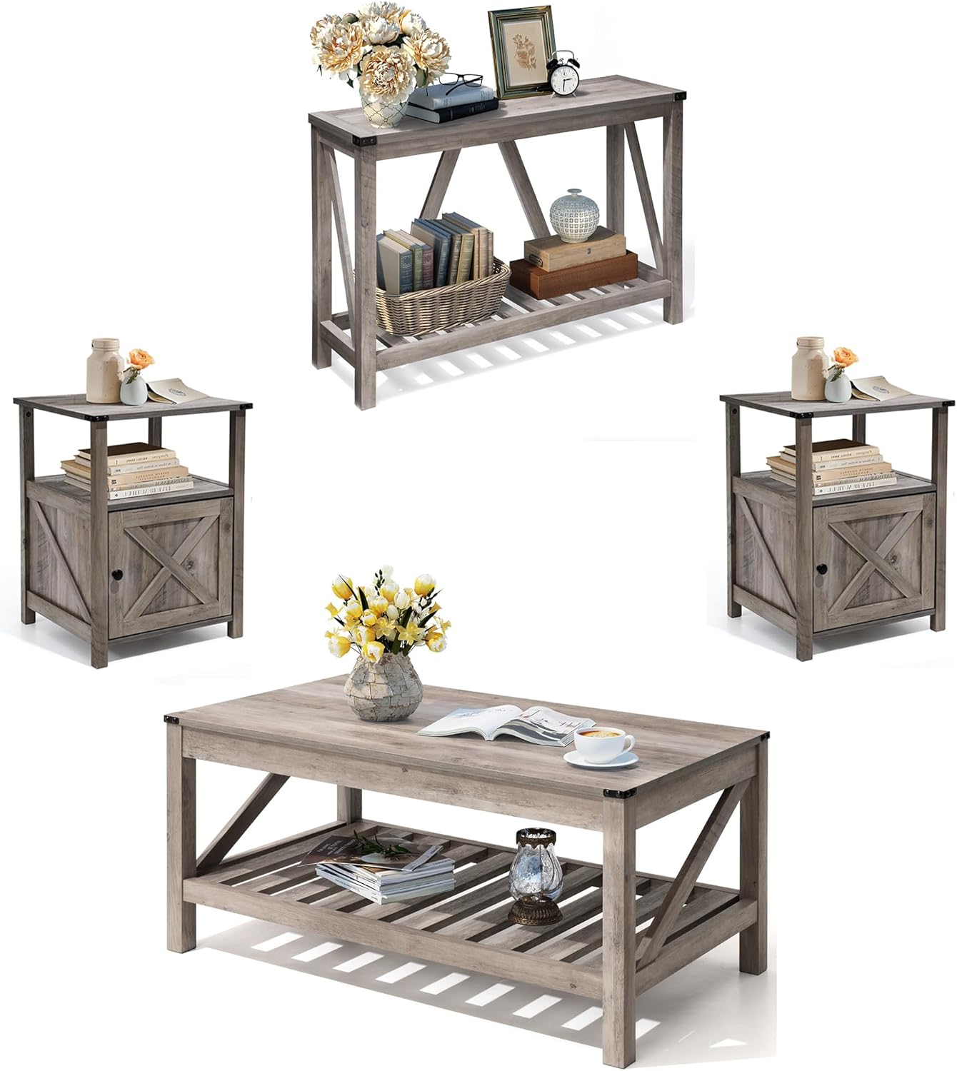 Living Room Coffee Tables Set of 4, Includes 1 Entryway Table, 1 Farmhouse Coffee Table, and 2 End Tables