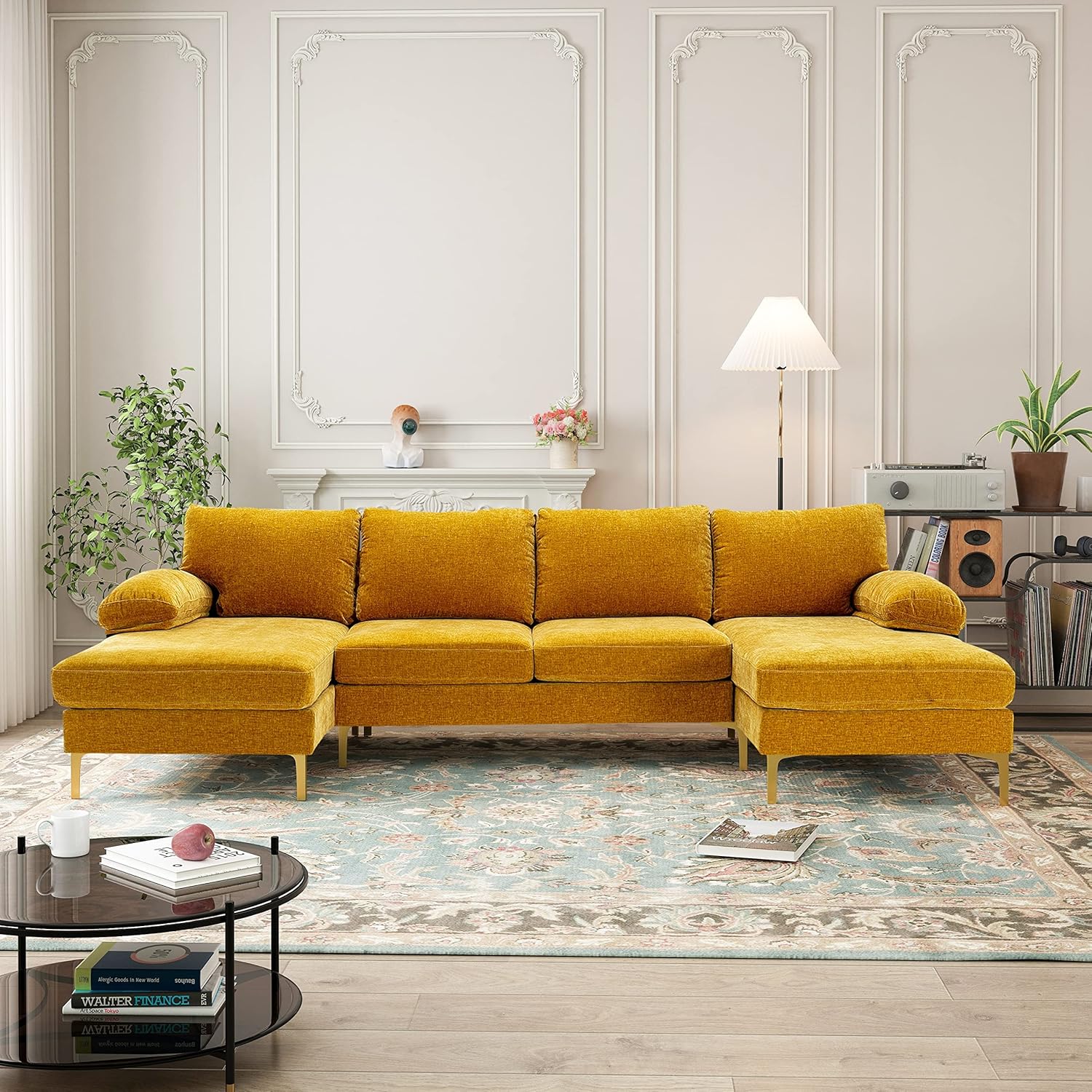 Overstock Chenille Fabric Sectional Sofa Yellow