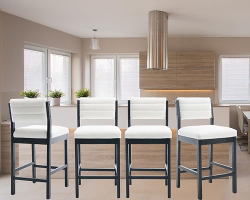 26.5'' Tall Bar Stools Set of 2 Modern Counter Stools with Backs Beige Linen Upholstered Bar Height Chairs Counter Height Island Stools with Wood Frame Farmhouse Wooden Barstools for Kitchen Island