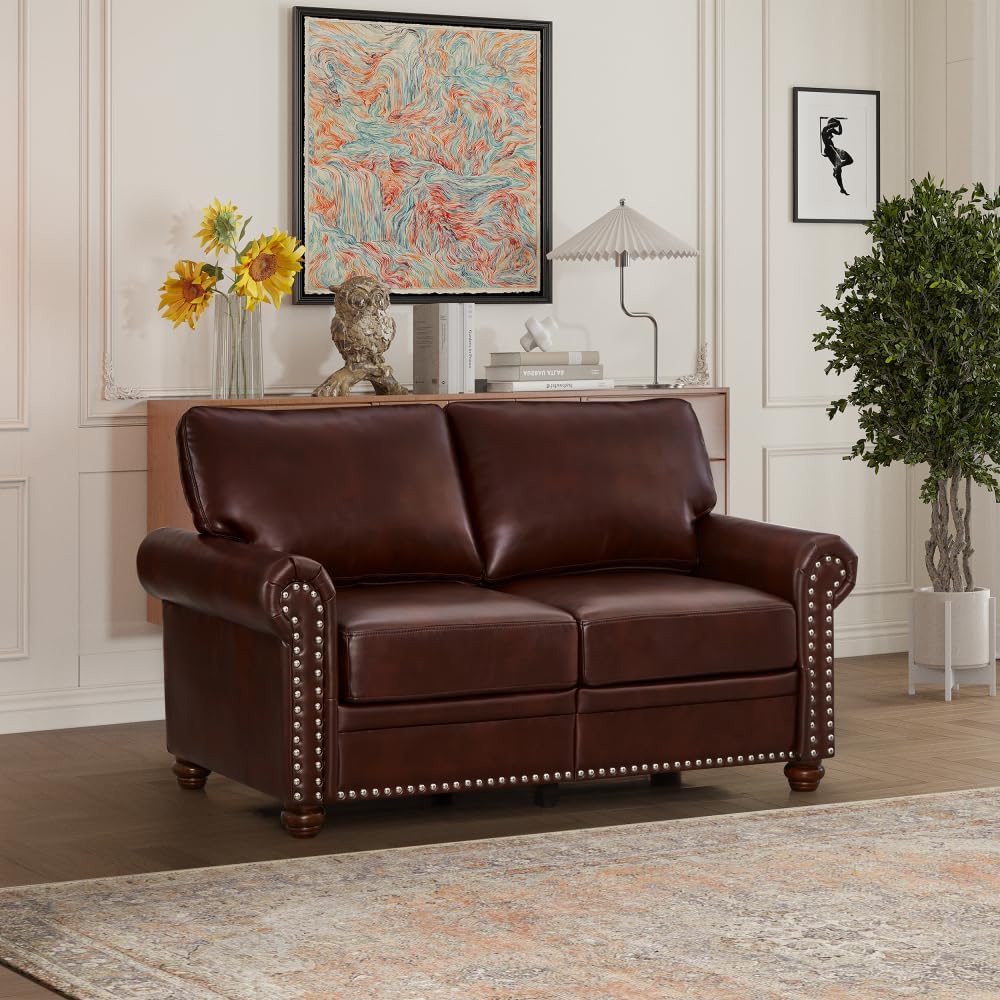 Living Room Sofa Loveseat Chair Burgundy Faux Leather Round Arm Polyester 2.2Lbs./Cu.Ft-Foam Density Solid Wood+Plywood+Metal Brown Foam+Polyester 2-Seating Capacity W1097S00086
