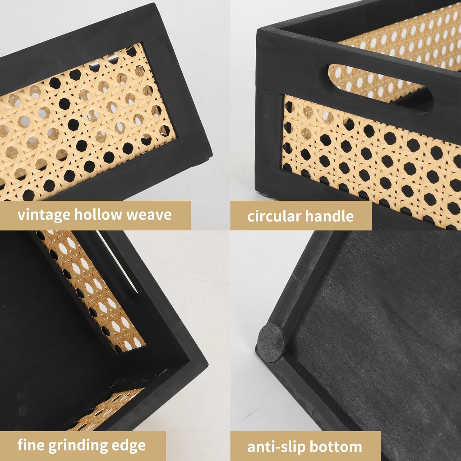 Wood Storage Basket, Small Rattan Storage Box with Handles for Bathroom Kithen Office Desk