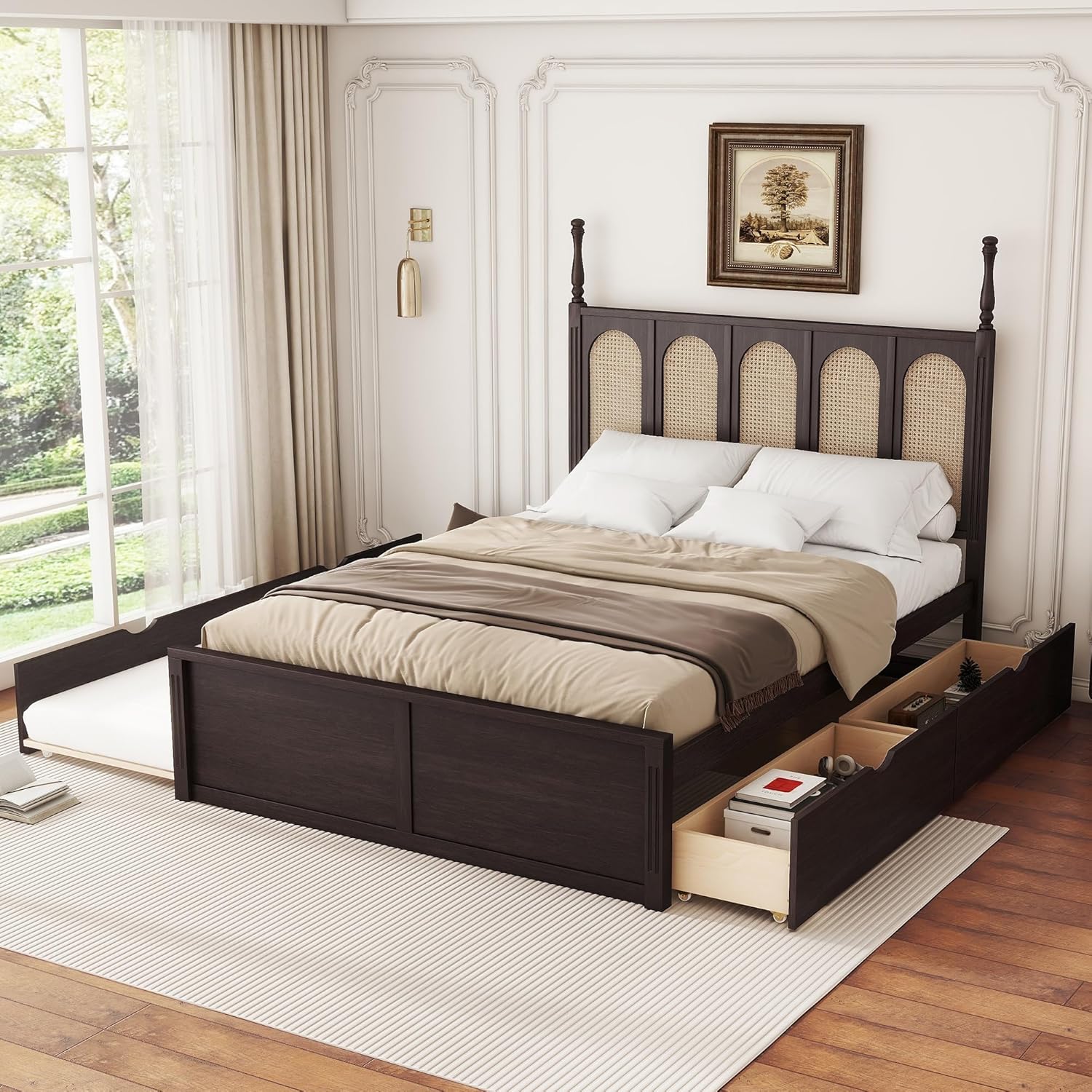 Bellemave Queen Bed Frame with Rattan Headboard, Wood Platform Bed with Storage Drawers and Twin Size Trundle Bed, Queen Storage Bed with Strong Wooden Slats Support,No Box Spring Needed (Espresso)