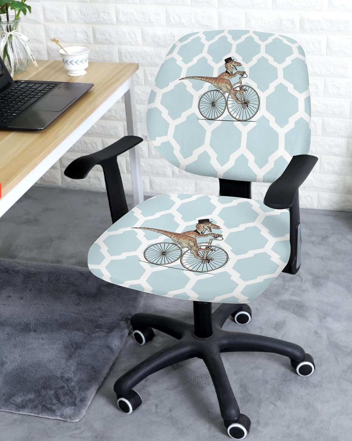Office Chair Seat Cover, Cartoon Dinosaur Gentleman Riding a Bike Morocco Geometric Pattern Blue,Fit Desk Computer Office Chair Slipcover Stretchable Chair Covers for Bedroom, Set of 1