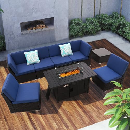 7PCS Patio Sofa Set with Coffee Table Patio Conversation Set Outdoor Sectional Sofa PE Rattan Set Outdoor Furniture Sets All Weather with Thickened Cushion, Manual Weaving