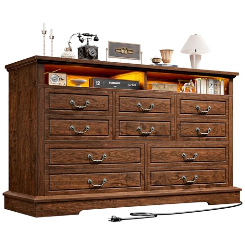 EnHomee Farmhouse Dresser for Bedroom 55.2''W Wood Dresser with LED & Power Outlet Vintage 10 Drawer Dressers & Chests of Drawers Long Dresser TV Stand, Hallway, Dark Rustic Oak