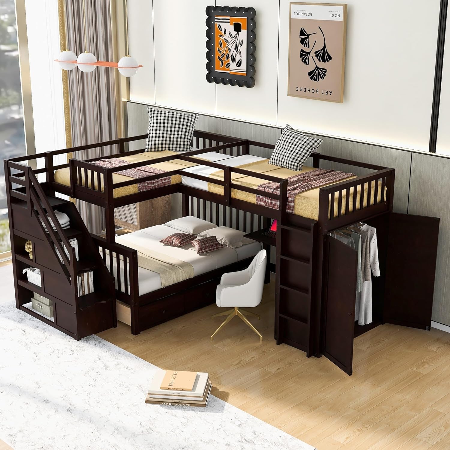 Twin-Twin Over Full L-Shaped Bunk Bed with 3 Drawers Portable Desk and Wardrobe Brown Modern Contemporary Space Wood Finish Hidden Storage
