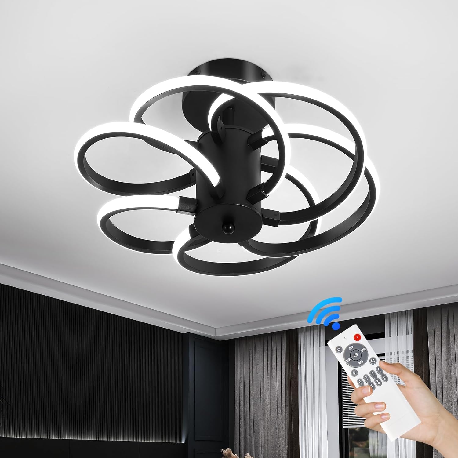 Black LED Ceiling Light Modern Semi Flush Mount Ceiling Light Fixture 60W Dimmable with Remote Control Chandelier for Kitchen Farmhouse Island Dining Room Living Room Bedroom.