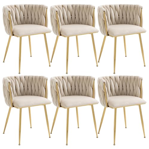 Velvet Dining Chairs Set of 4, Modern Woven Kitchen Chairs, Dining Room Chairs with Gold Metal Legs, Curved Backrest Upholstered Chairs for Dining Room, Kitchen, Vanity, Living Room (Rosered)