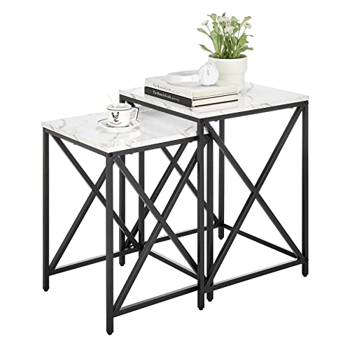 Modern Square Marble Finish Veneer Top Black Metal Frame Nesting End Tables - White or Black Marble Set of 2 (White Marble)