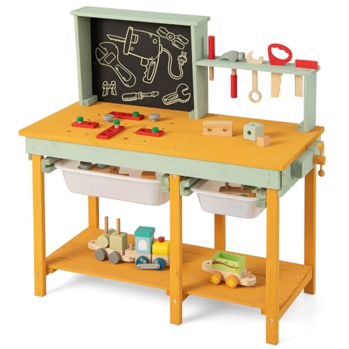 Costzon Kids Tool Bench, Wooden Pretend Workbench w/ 63 Toy Tools and Accessories, Realistic Role Play Construction Building Tool Set, Indoor Outdoor Power Tool Workshop for Boys Girls 3+