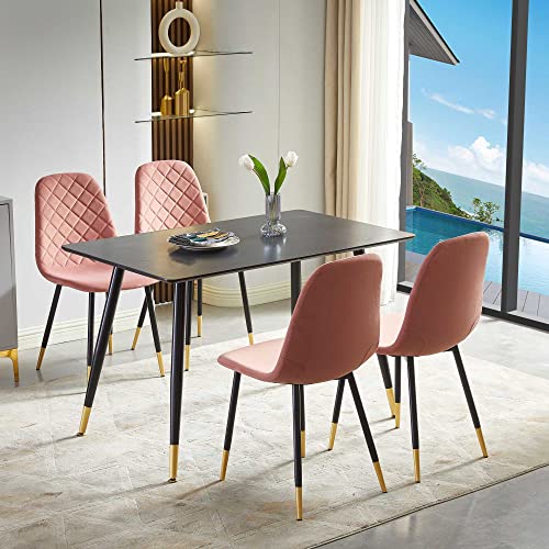 NORDICANA 5-Piece Dining Table Set, 47 in Modern Rectangle Kitchen Table & 4 Pink Velvet Upholstery Side Chairs, Metal Legs, Dining Room Set for 4
