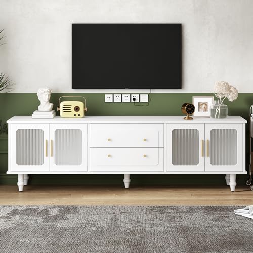 LUMISOL Modern Fluted TV Stand for 75’’+ TV, LED Entertainment Center with 4 Drawers & Glass Doors, Wood TV Media Console with LED Lights, Gold Legs for Living Room Bedroom, Black