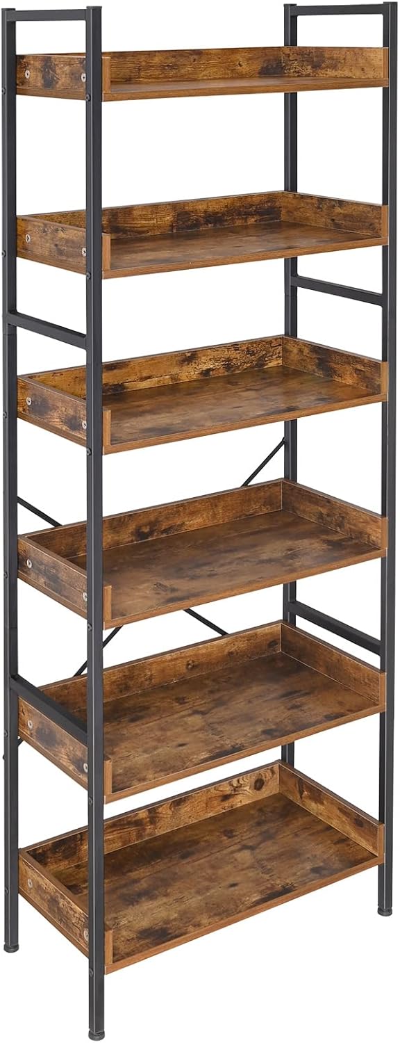Bookshelf Bookcase 6-Tier Storage Rack with Open Shelves, Vintage Standing Bookshelves Metal Frame Industrial Display Rack for Living Room Bedroom, Rustic Brown and Matte Black