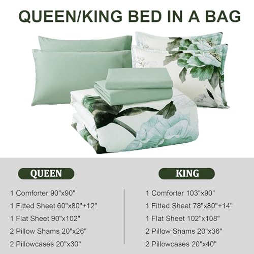 Teal Comforter Set King 7 Piece Bed in a Bag, Teal Blue Floral Printed Comforter Set with Sheets, Soft Microfiber Botanical Complete Bedding Set for All Season