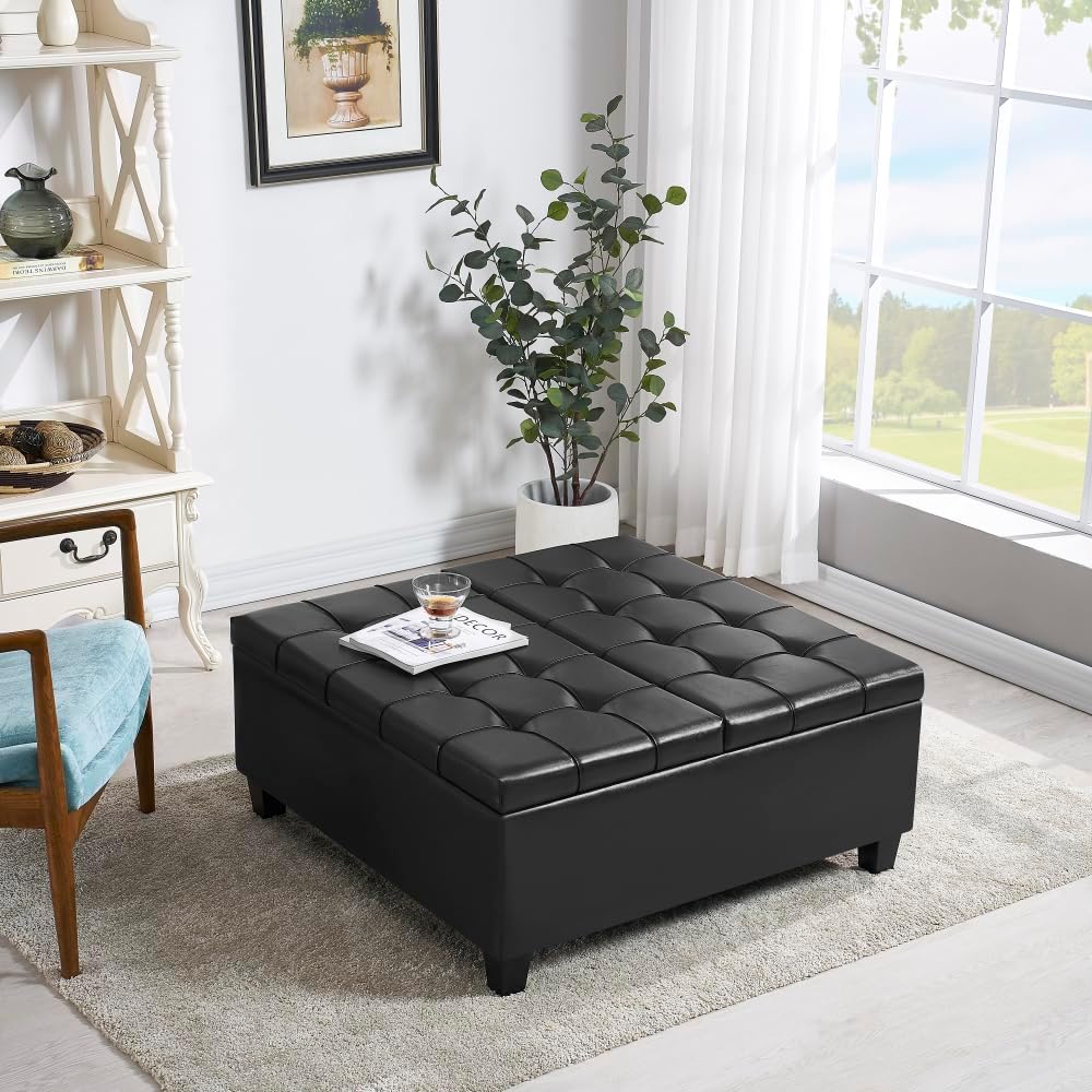 Large Square Faux Leather Storage Ottoman Coffee Table for Living Room & Bedroom (Black) Foam PU W109753272