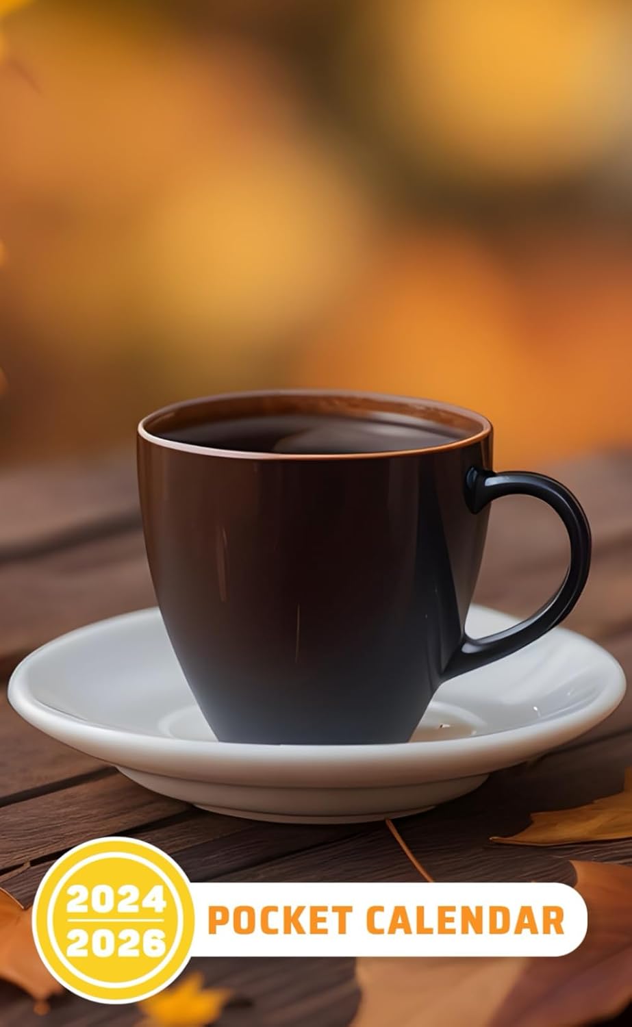 Pocket Calendar 2024 - 2026: Three-Year Monthly Planner for Purse , 36 Months from January 2024 to December 2026 | Coffee cup | Autumn leaves | Wooden table