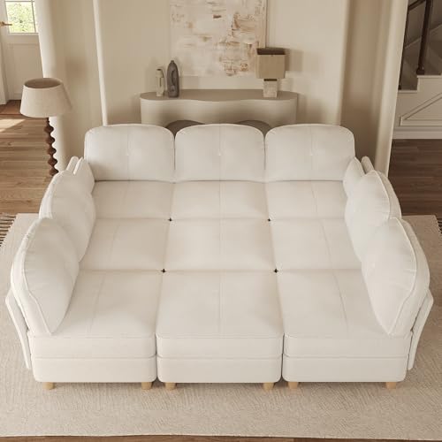 LLappuil Oversized Sectional Couch Modular Sleeper Sofa with Storage, Cloud Sofa Sectional for Living Room, 113.5 in Width, 8 Seat Sofa Bed, Teddy Velvet, Off White