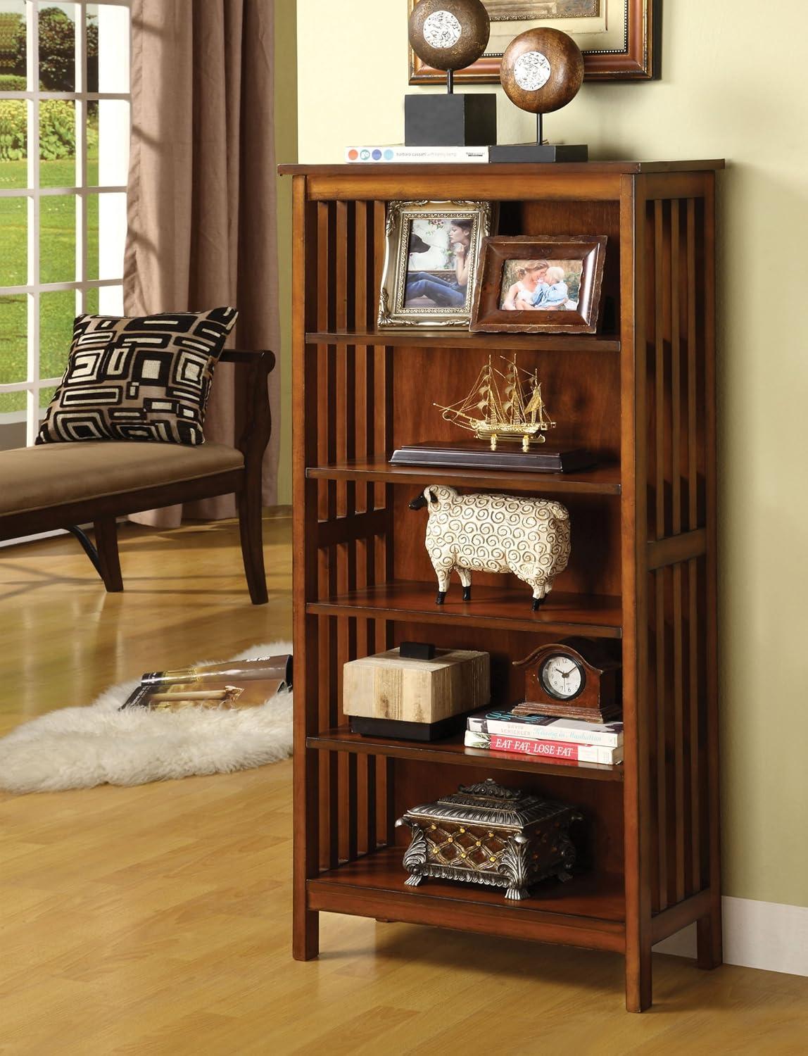 Furniture of America Liverpool Mission Style 5-Shelf Bookcase, Antique Oak Finish
