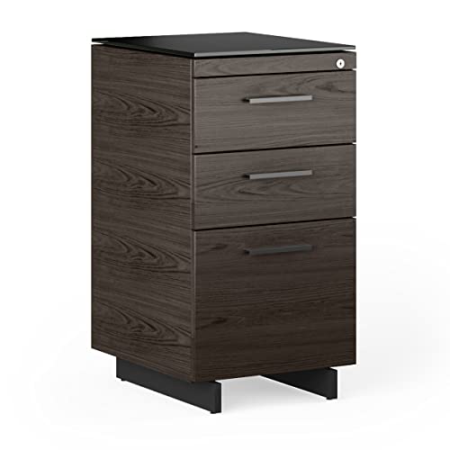 BDI Furniture Sequel 20 6114 Locking 3-Drawer File Cabinet for Home or Office with Letter or Legal-sized File Drawer and 2 Supply Drawers, Tempered Glass Top, Natural Walnut, Satin Nickel