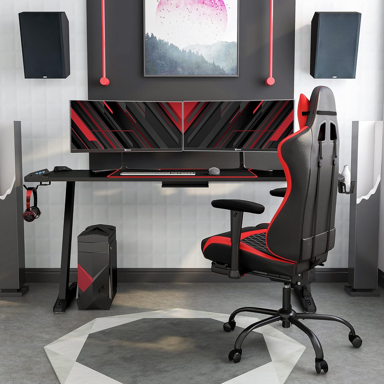 PayLessHere Gaming Desk 67.5 Inch Computer Desk Gaming Table Z Shaped Pc Gaming Workstation Home Office Desk with Carbon Fiber Surface Cup Holder and Headphone Hook