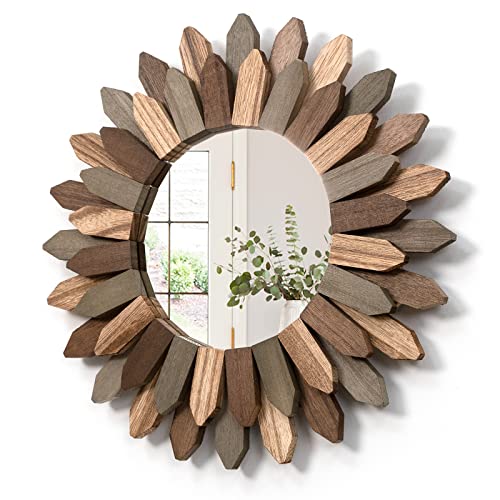 Honiway Farmhouse Wall Decor Mirror 12 inch Sunburst Boho Wood Mirror Rustic Home Decor Room Decoration for Bedroom Living Room Bathroom Weathered Walnut