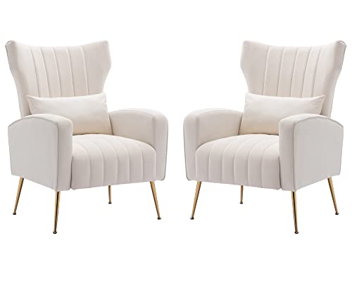 Velvet Accent Armchair Set of 2 for Living Room and Bedroom Comfy Reading Lounge Chair with Modern Wingback and Gold Legs on Side Corner, White