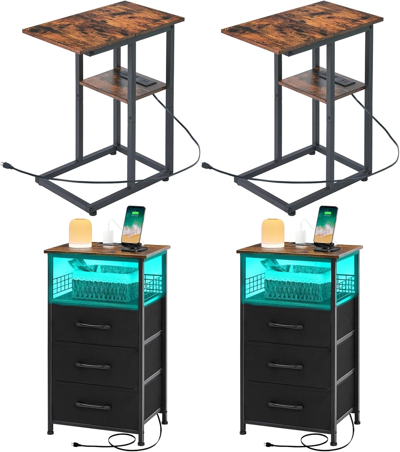 Tall Nightstand with Charging Station, Nightstands Set of 2 with 20 Colors LED Light Strip 3 Drawers, Side Table with Charging Station Set of 2 - Small C Table Narrow End Table