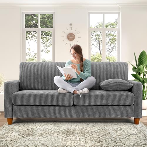70in Grey Sofa, Couches for Living Room 21in Extra Deep Seats, Comfy Corduroy Sofas for Living Room No Tool Assembly, Modern Oversized Love Seat with 2 Pillows, Sofa Couch for Bedroom