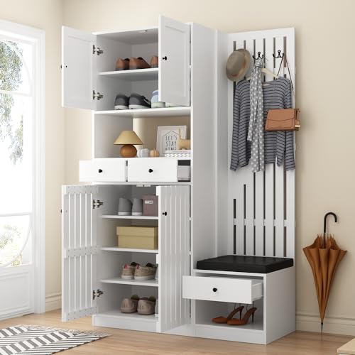 MOUMON Entryway Hall Tree with 2 Cabinets, Hall Tree with Bench and Coat Racks, Entryway Shoe Bench with 3 Drawers and Hooks, Coat Racks with Cabinets and Shelves, White, 17.7”D x 45.3”W x 70.9”H