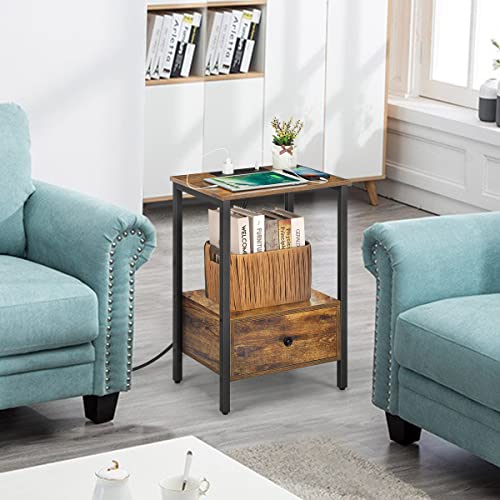 Side Table with Charging Station, Set of 2 Nightstand with USB Ports & Power Outlets, Narrow End Table with Drawer and Storage Shelf for Small Spaces, Bedside Tables for Bedroom, Living Room, Black