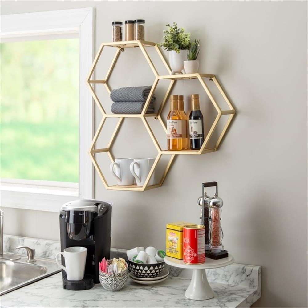 Powell Furniture Linon Josia Iron and Wood Wall Storage and Display Shelves in Gold