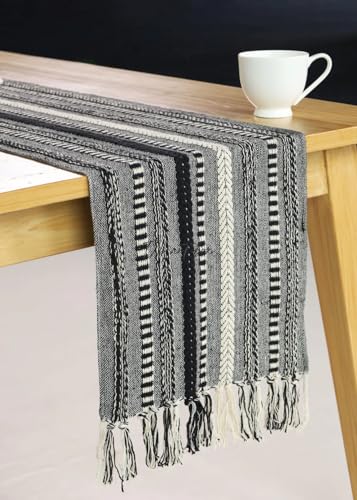 Boho Cotton Table Runner With Tassels Braided Stripe Farmhouse Rustic Runner for Table Decoration, Wedding and Holiday Party 14x72 Inches