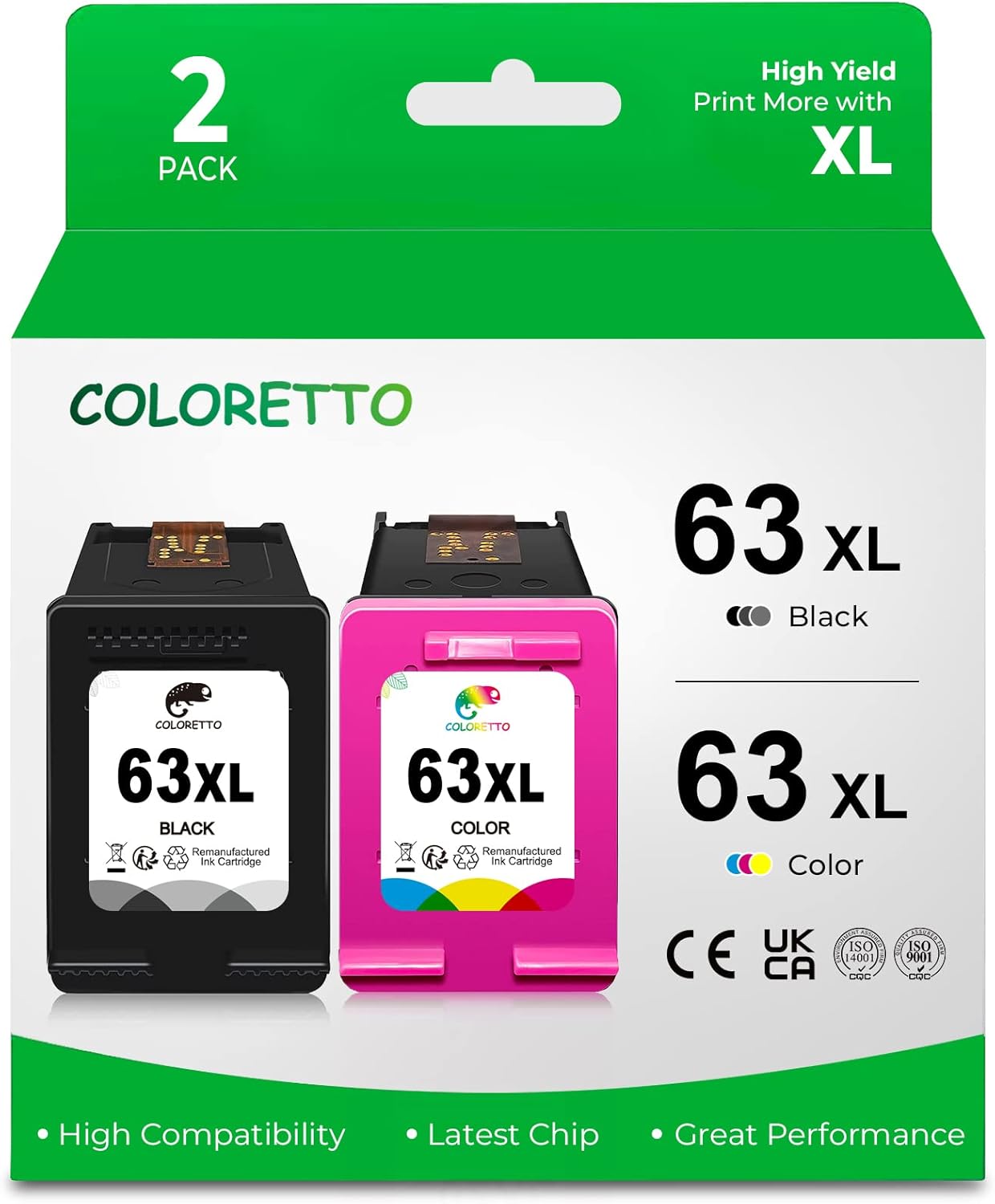 COLORETTO Remanufactured Printer Ink Cartridge Replacement for HP 63XL to use with Envy 4520 4516 Officejet 5255 5258 DeskJet 1112 3632 3639 1112 2130 3632 3633 3634 (1 Black+1 Color) Combo Pack