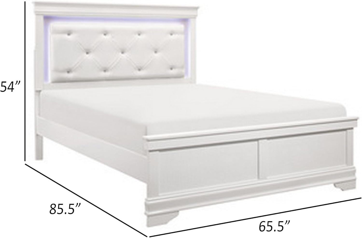 Benjara Teich Queen Bed, LED, Crystal Tufted Faux Leather Upholstery, White Wood